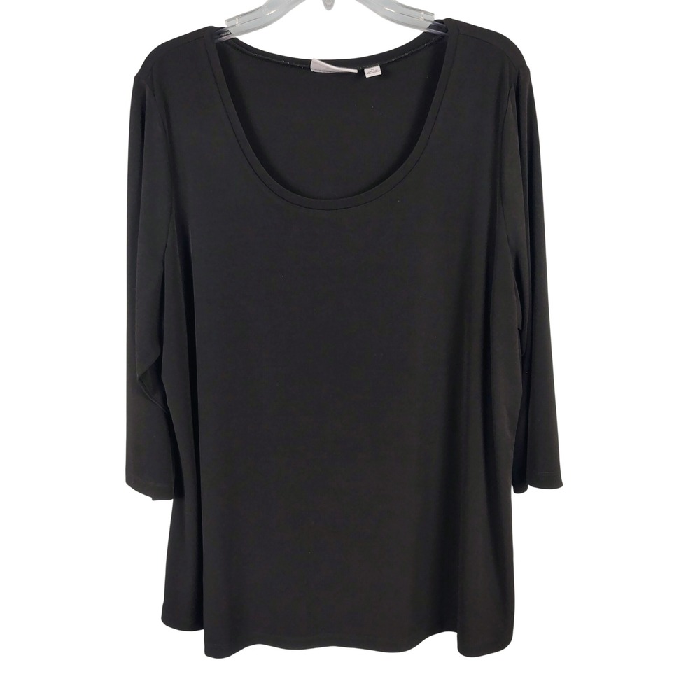 Susan Graver Womens 1X Liquid Knit Scoop Neck Top Black 3/4 Sleeve Minimalist